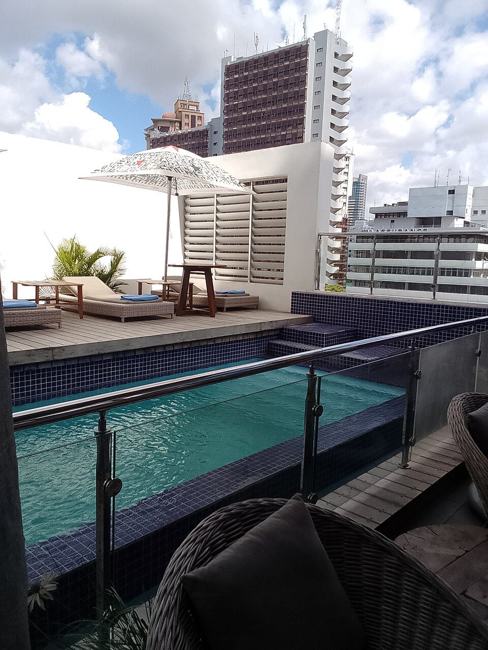 compact rooftop pool overlooking city buildings